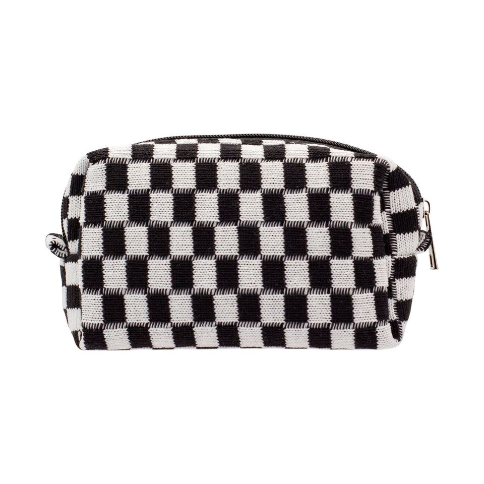 PAZIMIIK front view of black checkered makeup bag showing compact shape and standing base
