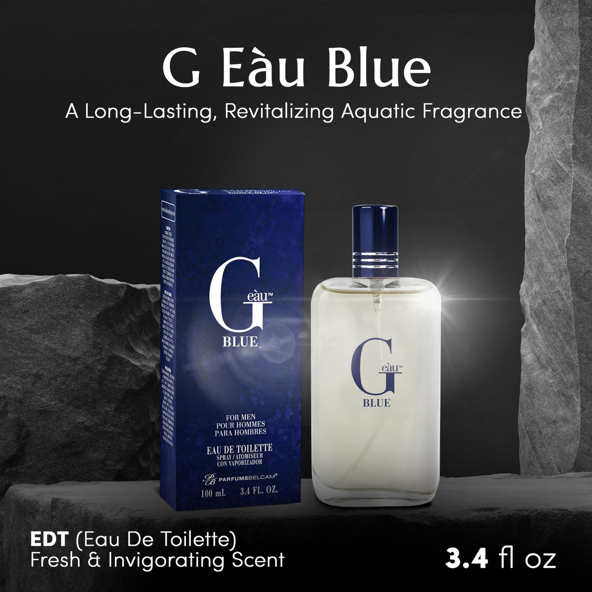 PB ParfumsBelcam bottle angle highlighting blue glass and sleek silhouette for appeal