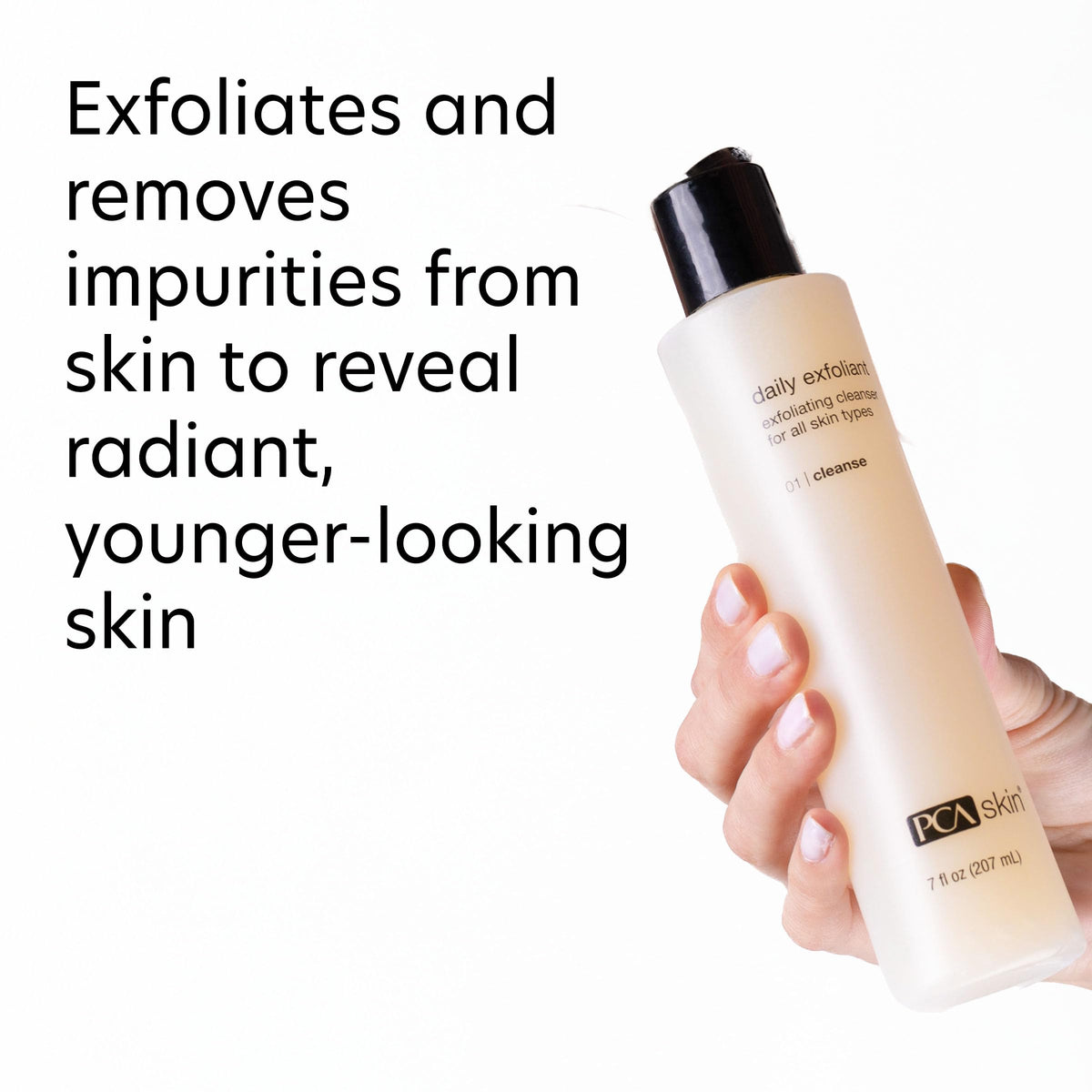 PCA SKIN cleanser dispensed in hand demonstrates easy pump use and creamy feel