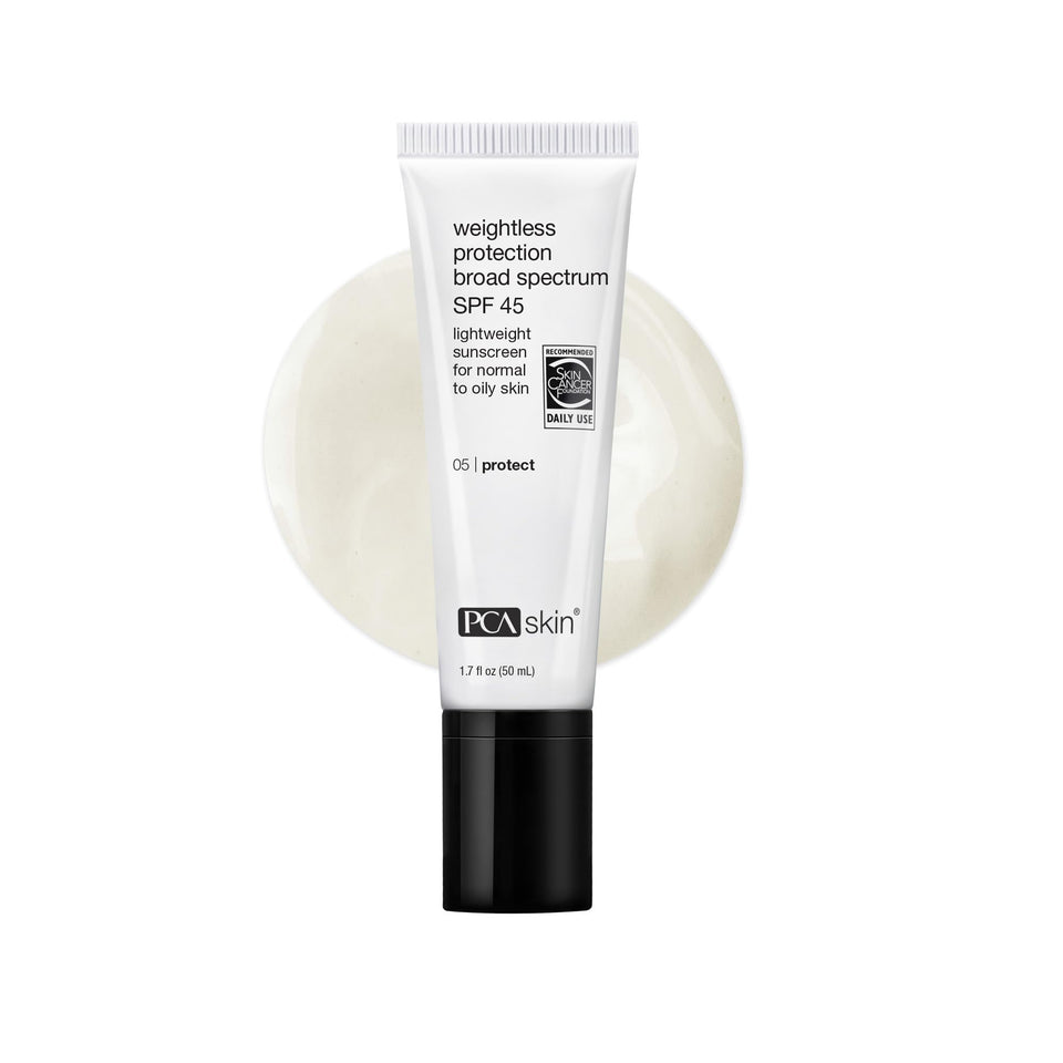 PCA SKIN front bottle view showing SPF 45 and lightweight formula benefit