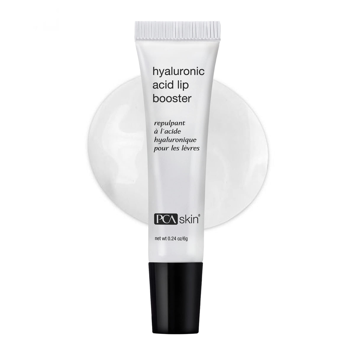 PCA SKIN front tube view showing compact 0.24 oz lip plumper and label benefits