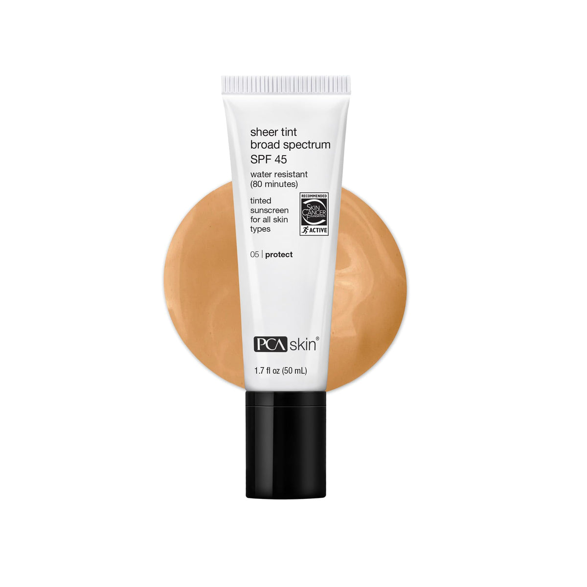 PCA SKIN front tube view showing SPF 45 and compact travel size benefit