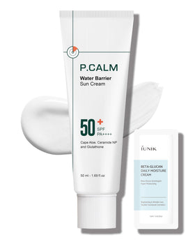 P.CALM front packaging showing SPF50+ protection and matte finish benefit