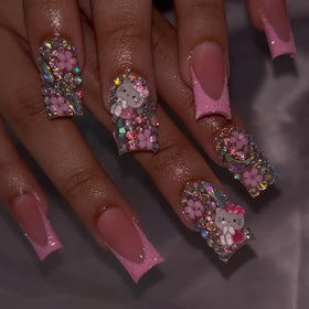 PDFADSK full 24-piece set laid out showing pink glitter French tips and accessories, instant glam
