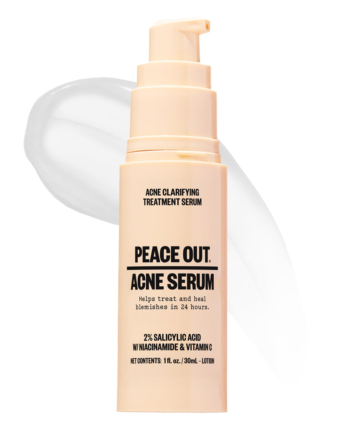 PEACE OUT front bottle view showing clear serum and size benefit