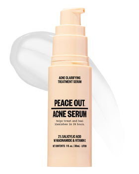 PEACE OUT front bottle view showing clear serum and size benefit