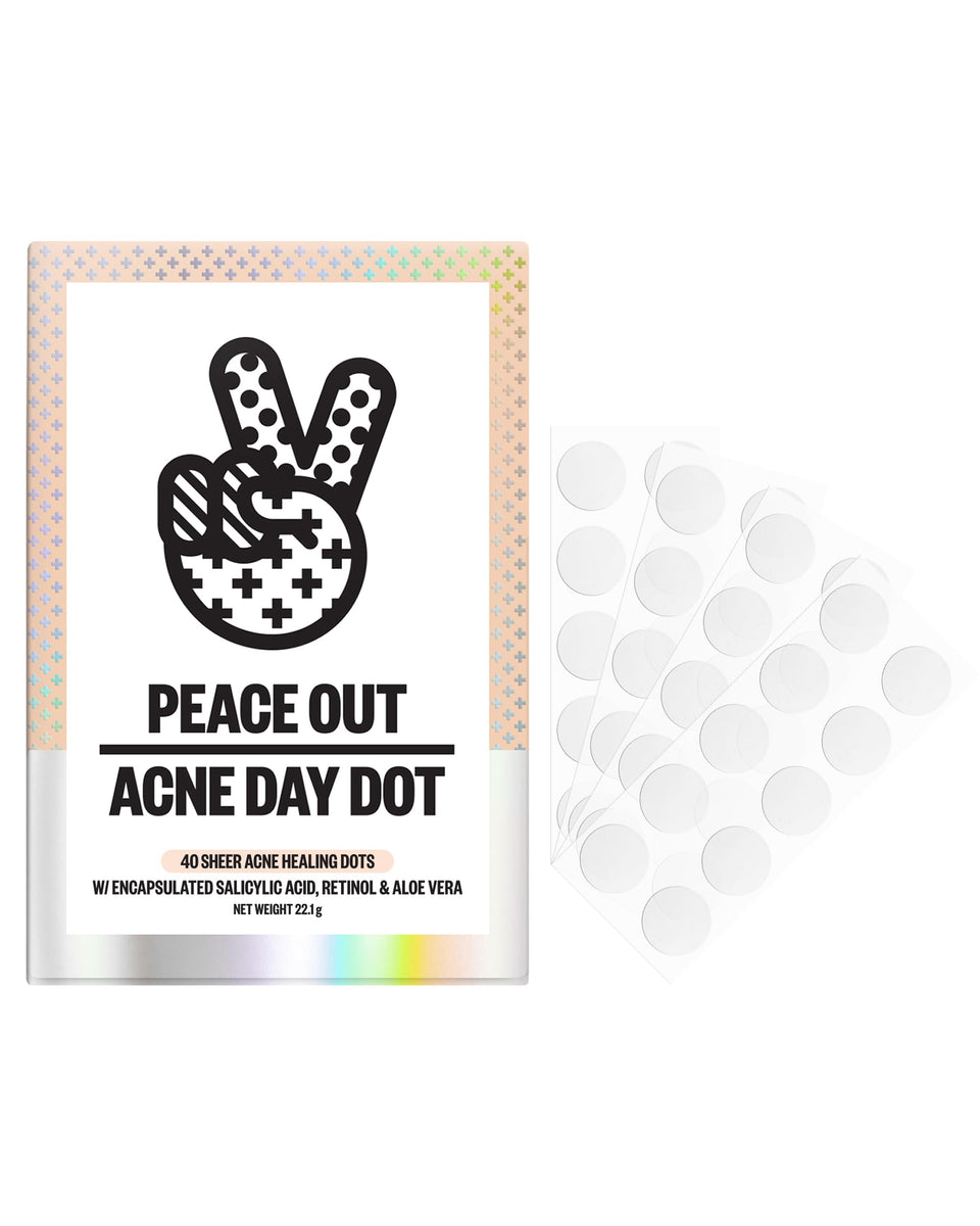 PEACE OUT front packaging showing Acne Day Dot 40 count and benefits