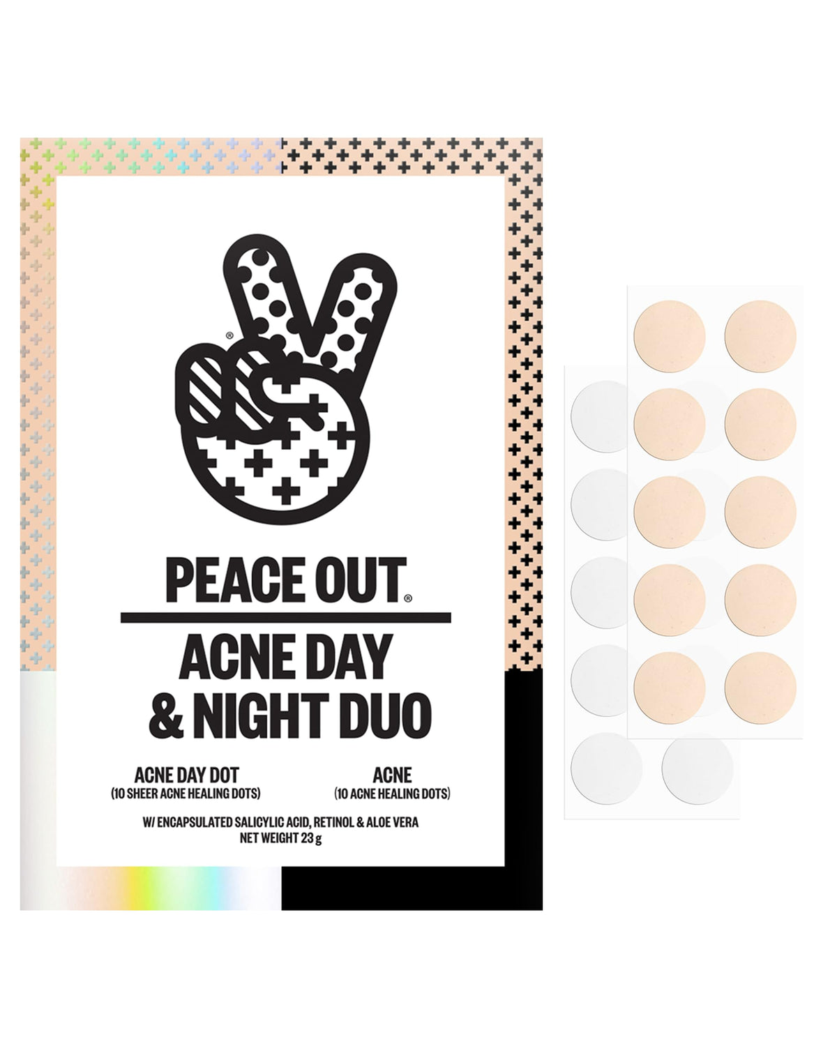 PEACE OUT front packaging of day and night acne duo showing count and benefits