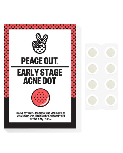 PEACE OUT front packaging showing 8-count acne dot box and benefits