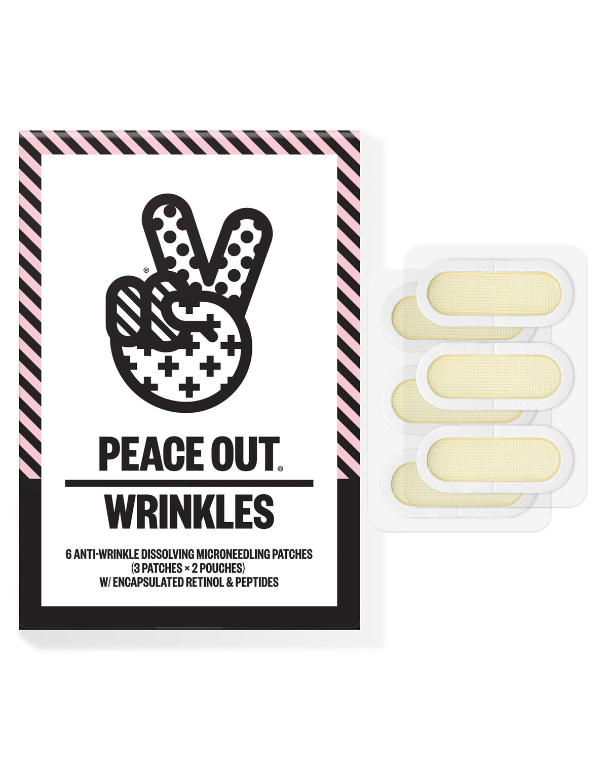 PEACE OUT front packaging showing product name and six patches benefits