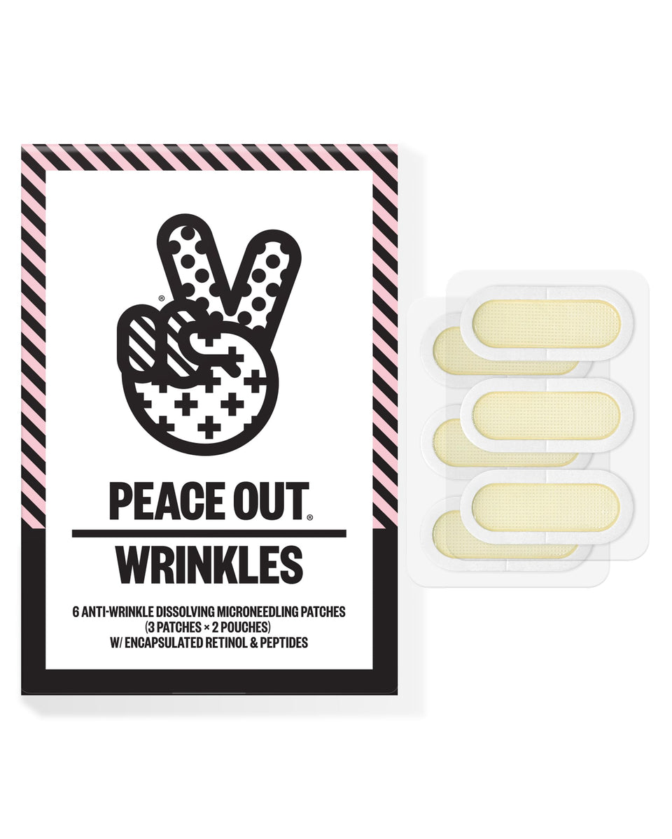 PEACE OUT front packaging showing product name and six patches benefits