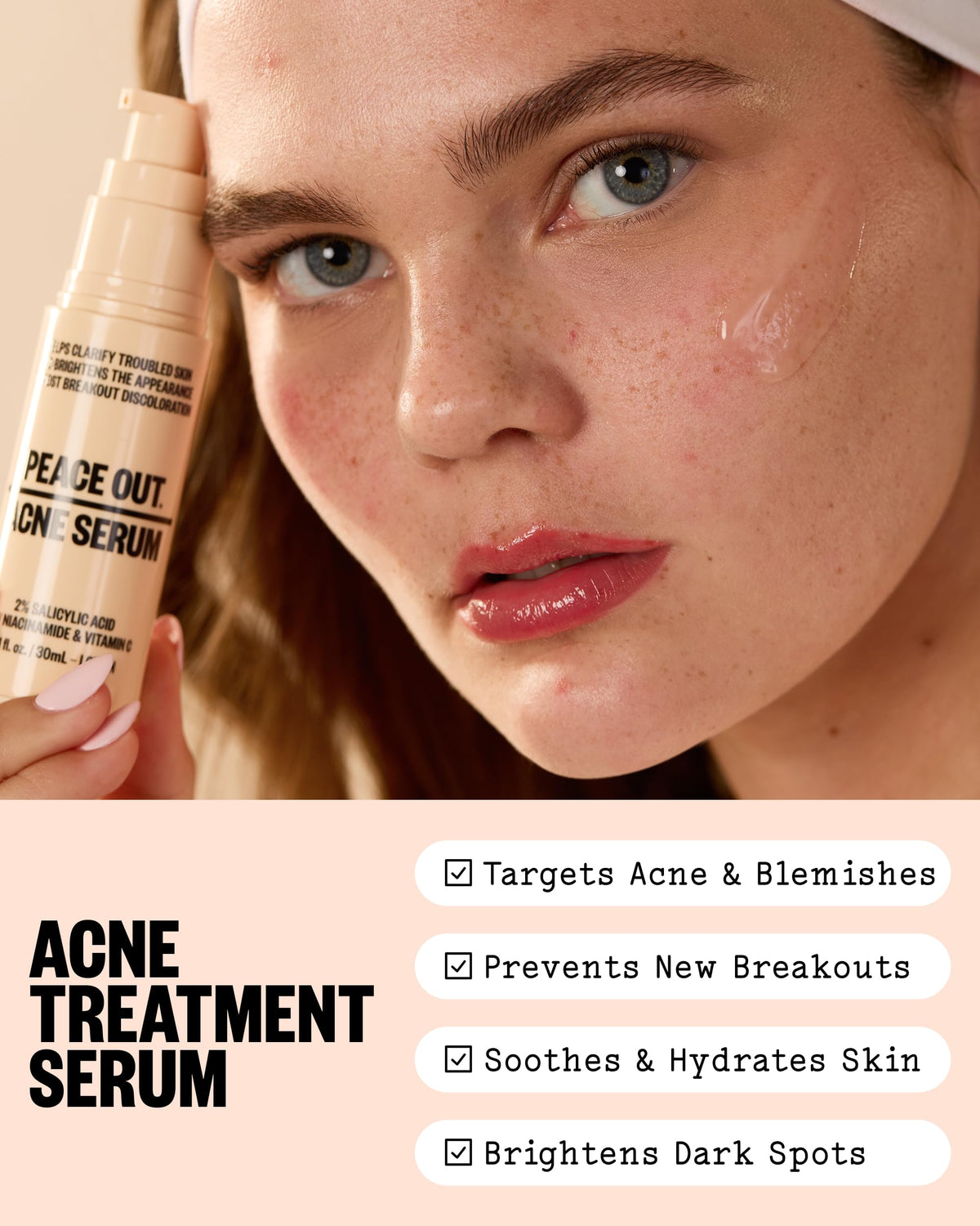PEACE OUT pump dispensing serum for precise, mess-free application