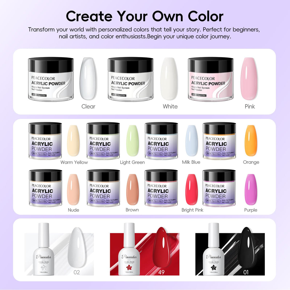 PEACECOLOR pack of 100 nail tips and brushes laid out for easy practice