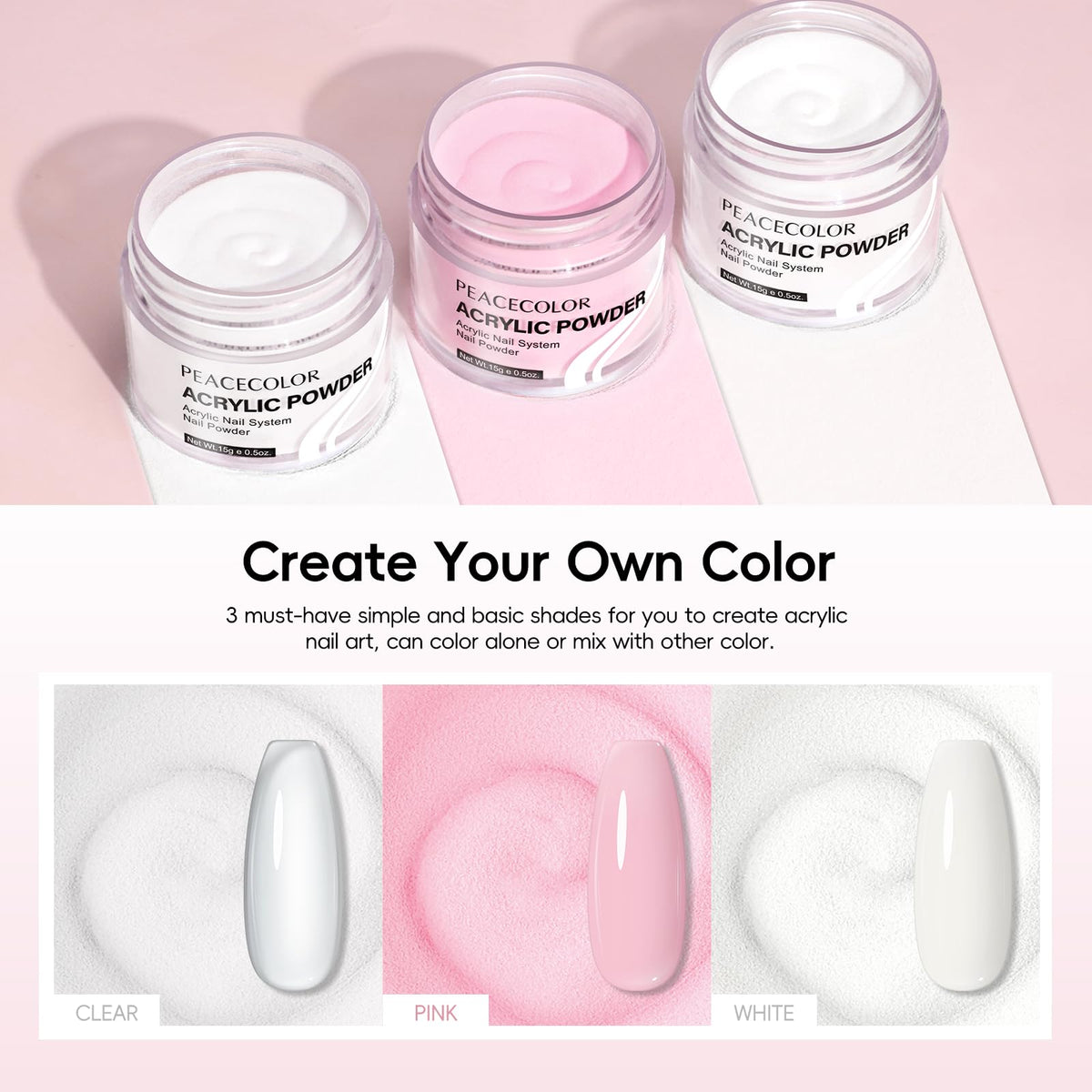 PEACECOLOR eleven acrylic powder jars arranged to show versatile color options
