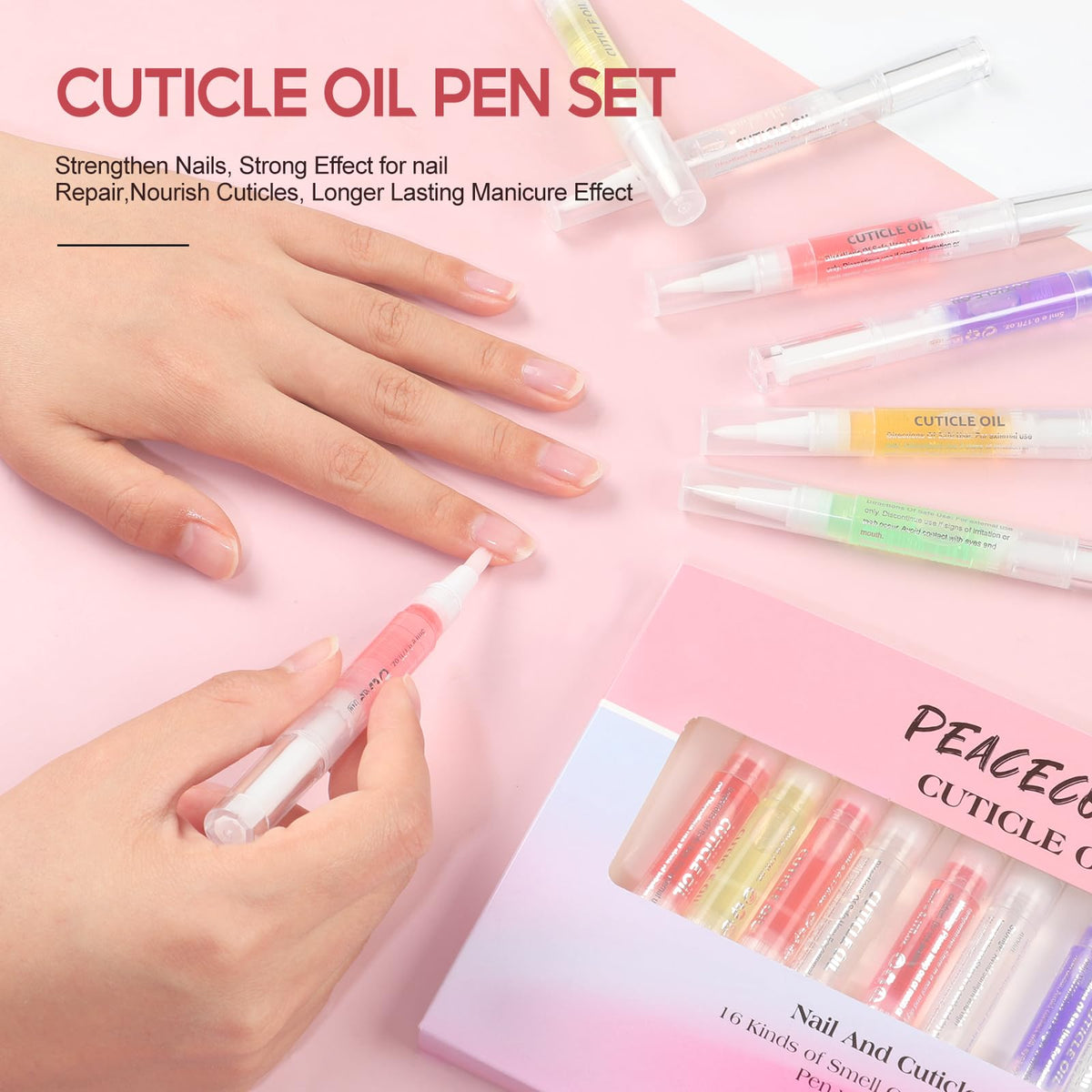 PEACECOLOR applying pen to cuticle to nourish and soften skin