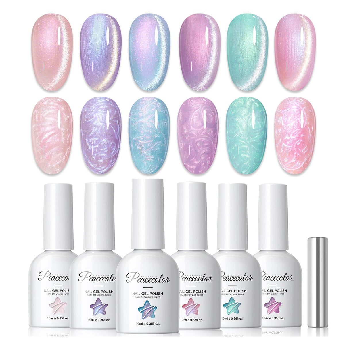 PEACECOLOR front view of six cat eye gel bottles showing colors and magnet benefit