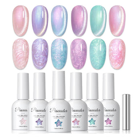 PEACECOLOR front view of six cat eye gel bottles showing colors and magnet benefit