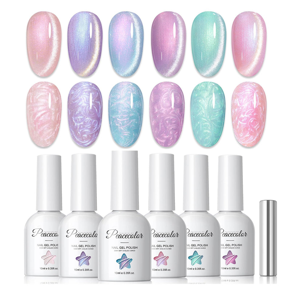 PEACECOLOR front view of six cat eye gel bottles showing colors and magnet benefit