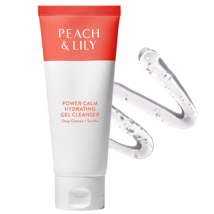 Peach & Lily front bottle showing Power Calm Hydrating Gel Cleanser benefits