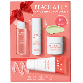 Peach & Lily kit front packaging showing four travel-size products and benefits