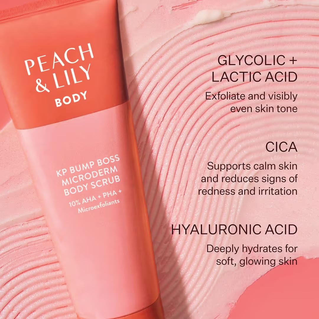 Peach & Lily scrub applied to arm in shower demonstrating in-use smoothing