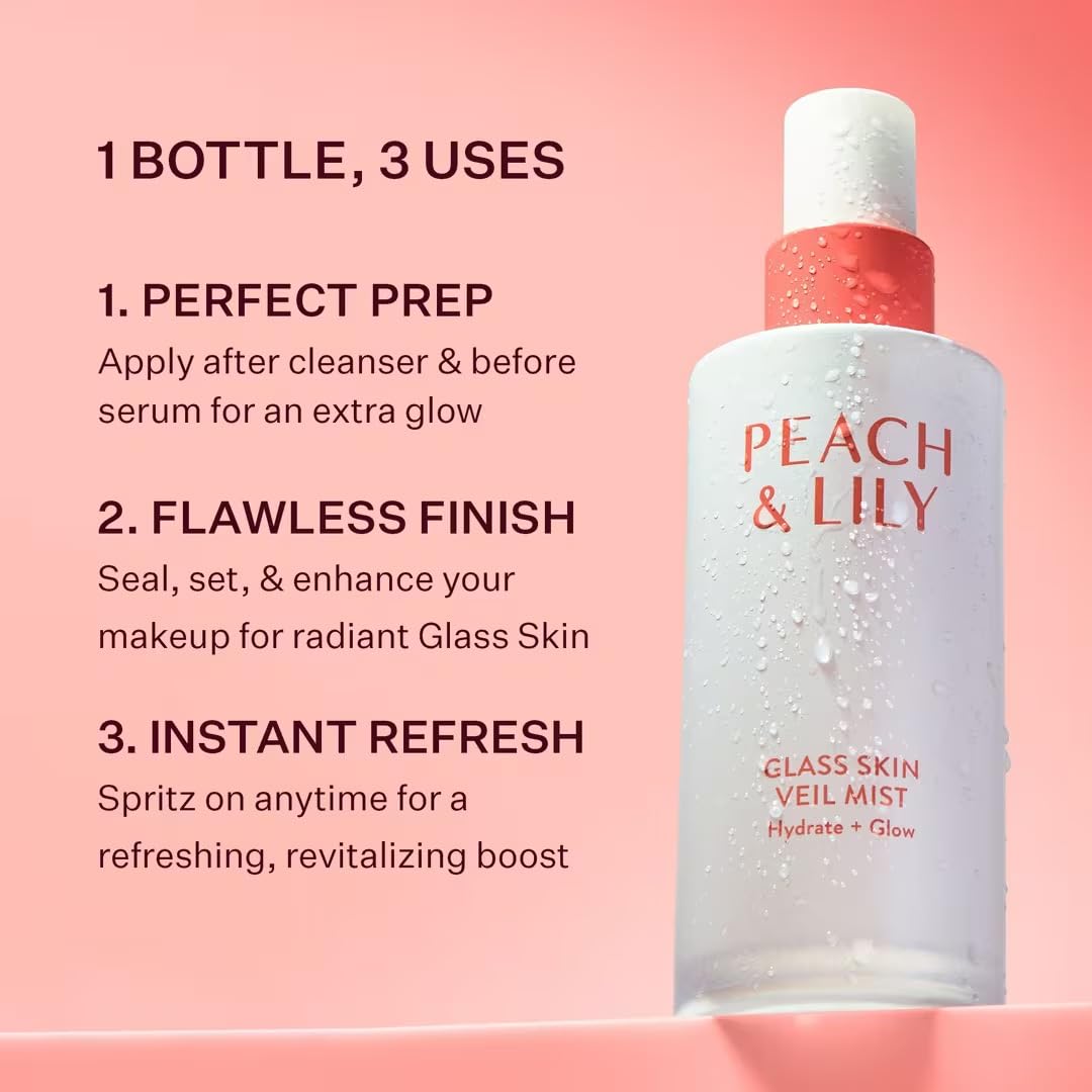 Peach & Lily bottle in hand showing 3.38 oz scale for travel-friendly use