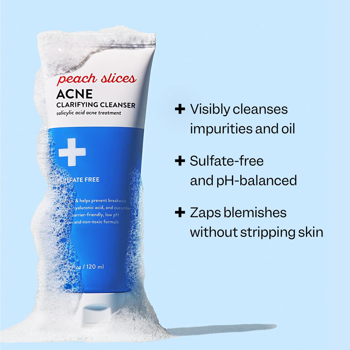 Peach Slices creamy foam texture closeup highlighting gentle, non-drying cleanse