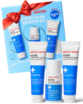 Peach Slices front packaging showing kit trio, clear labeling and travel-ready sizes and benefits