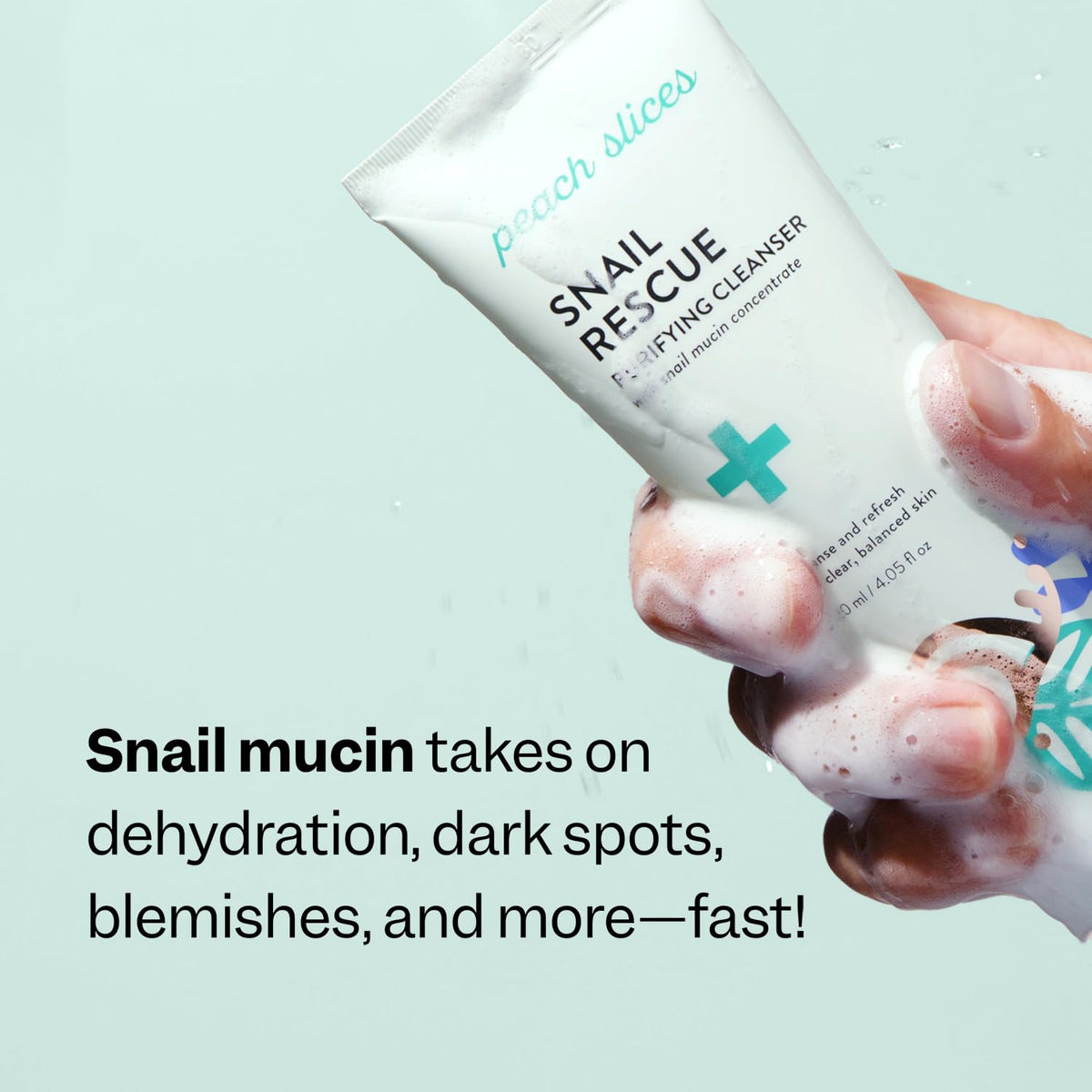 Peach Slices cleanser in hand during application to wet skin, gentle cleanse benefit