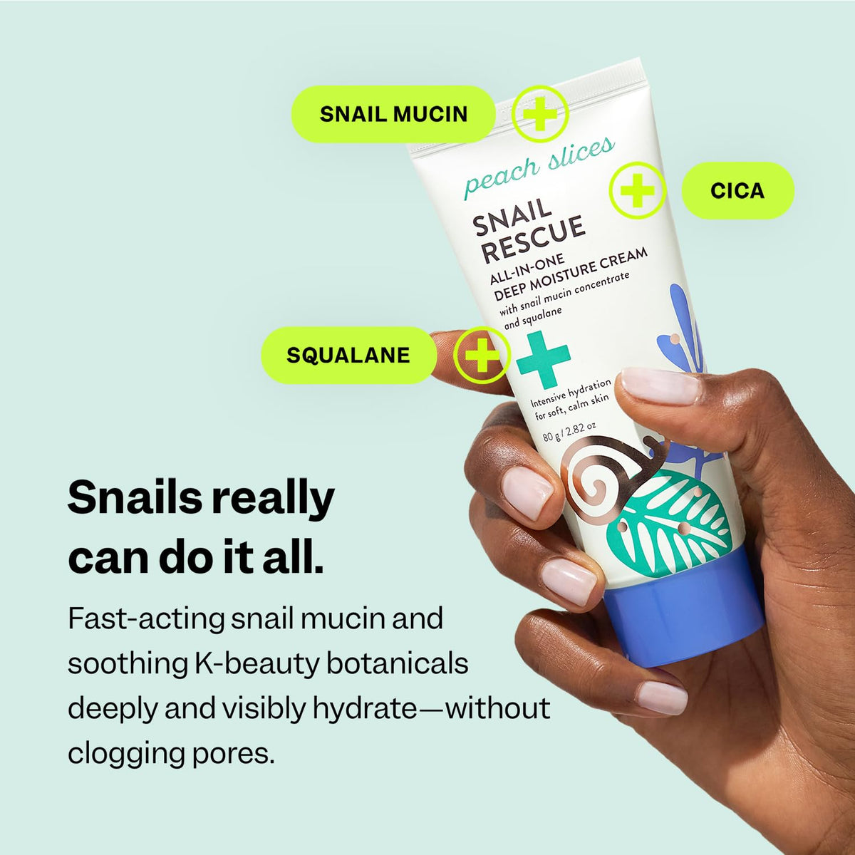 Peach Slices ingredient label showing snail mucin and soothing botanicals