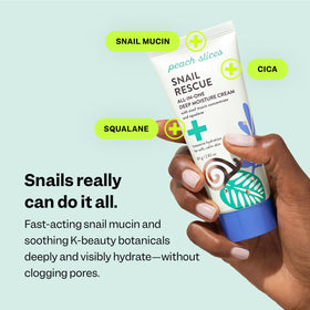 Peach Slices ingredient label showing snail mucin and soothing botanicals