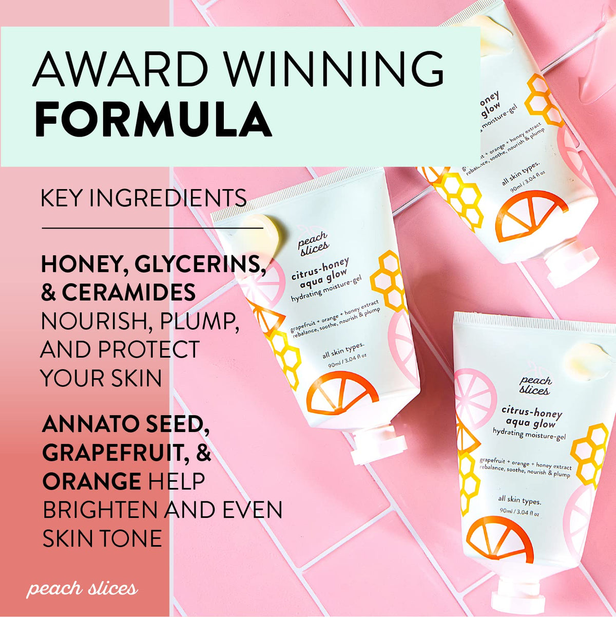 Peach Slices applied on wrist to show quick absorption and dewy finish on skin