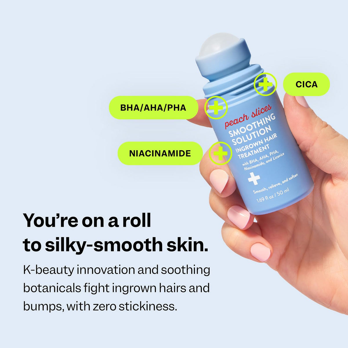 Peach Slices serum texture on fingertip illustrating lightweight, non-greasy finish