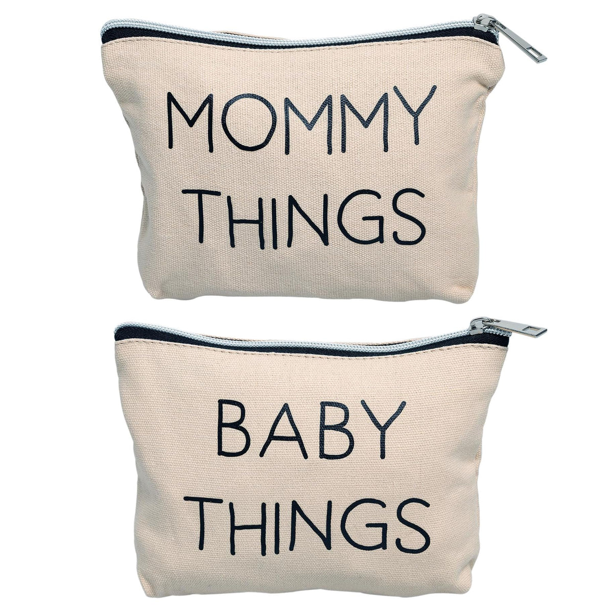Pearhead front view of mom and baby canvas pouches showing labels and benefit of quick access