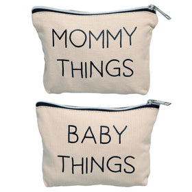 Pearhead front view of mom and baby canvas pouches showing labels and benefit of quick access