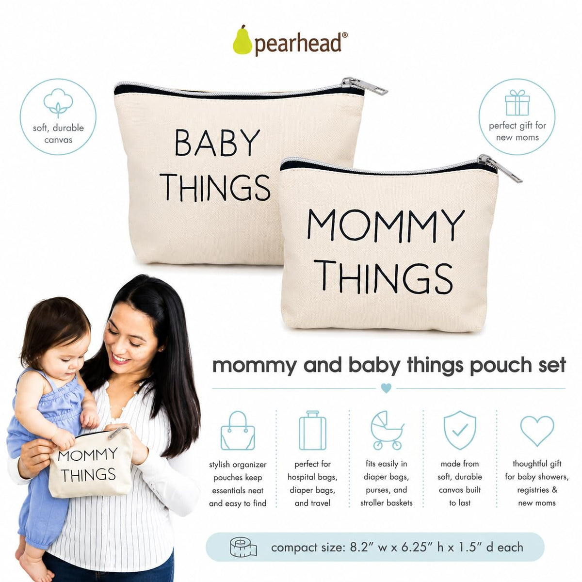 Pearhead pouch set in stroller basket illustrating convenient on-the-go organization