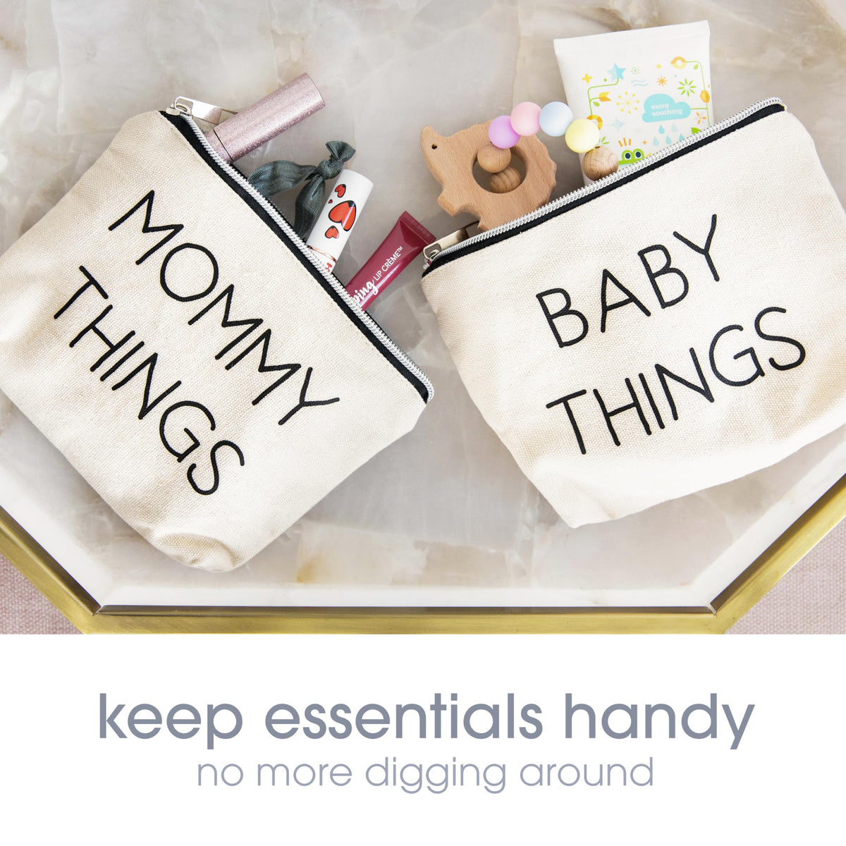 Pearhead pouch set beside a diaper bag to show compact size and easy fit