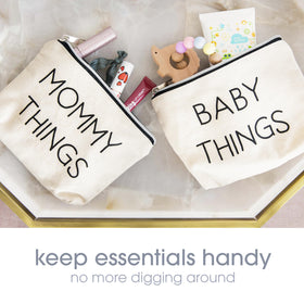 Pearhead pouch set beside a diaper bag to show compact size and easy fit
