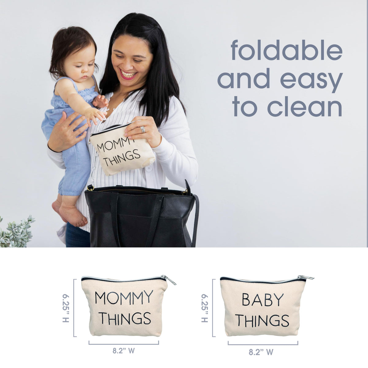 Pearhead zipper detail and clear "Mom" and "Baby" labels for fast identification
