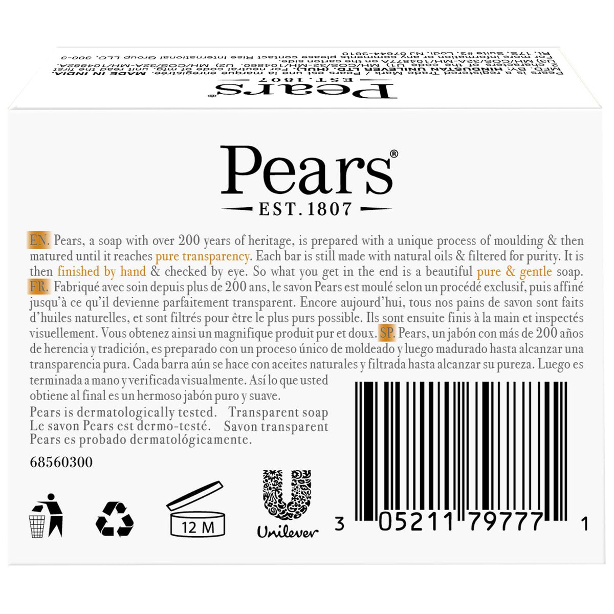 Pears bar close-up texture revealing smooth glycerin finish for gentle cleansing benefit