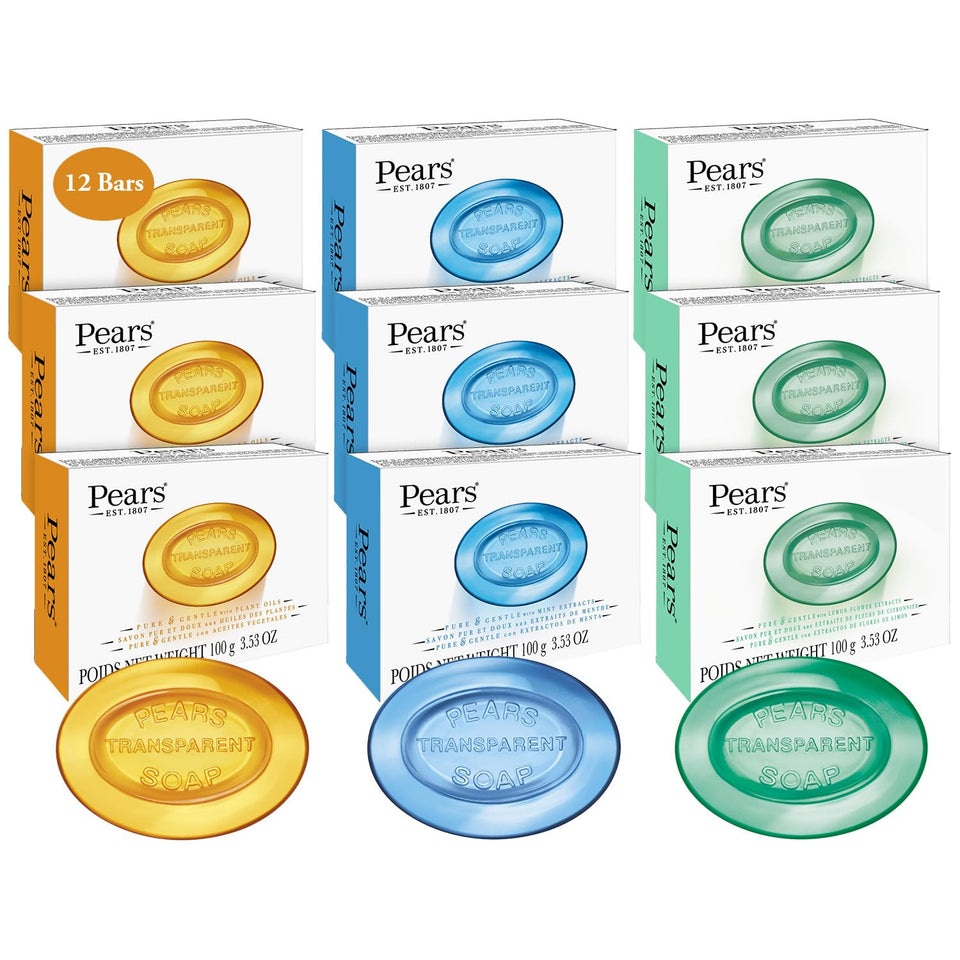 Pears front packaging 12-pack showing translucent glycerin bars and easy storage benefit