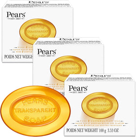 Pears front packaging showing transparent amber bar and gentle benefit