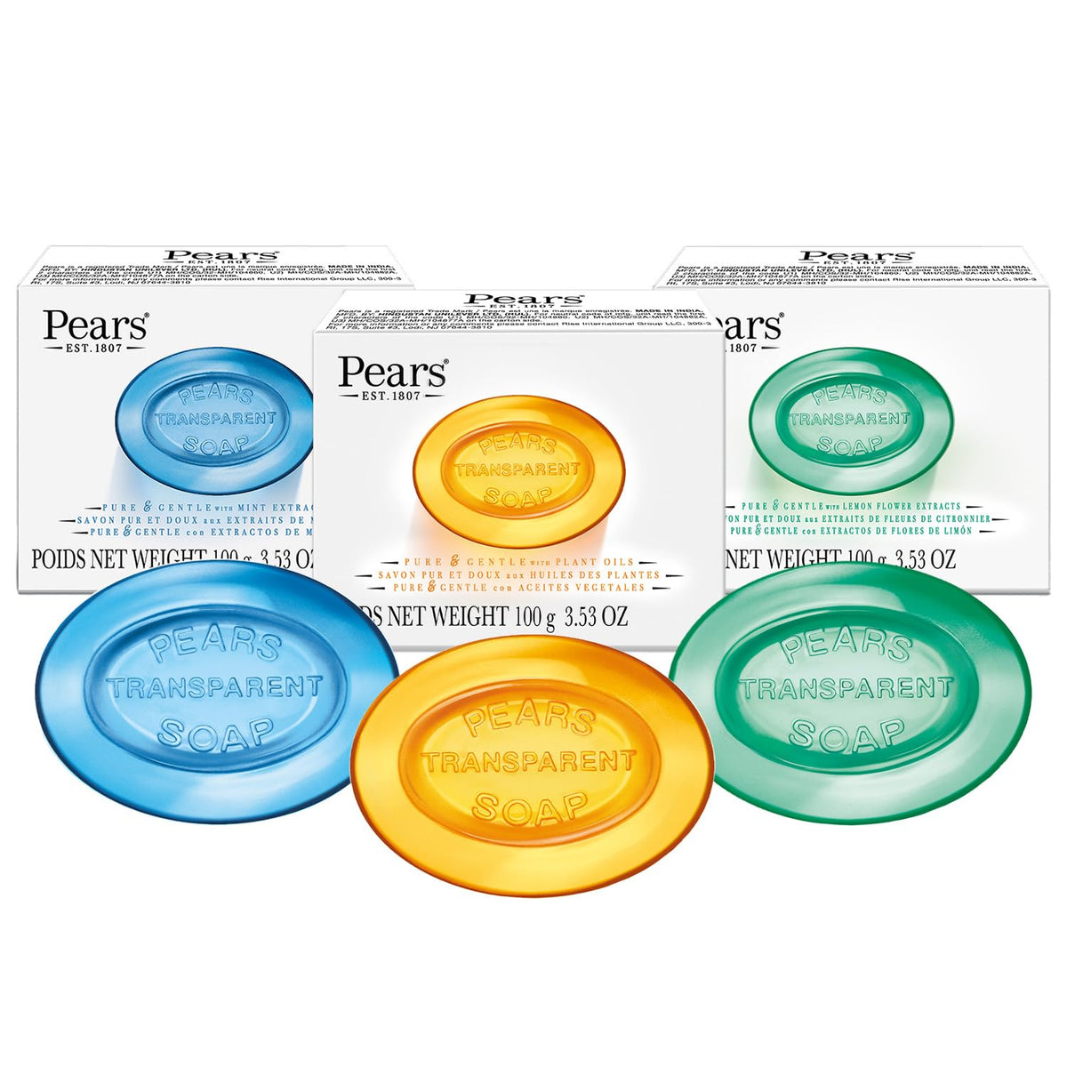 Pears front packaging showing three glycerin soap bars and variety benefits