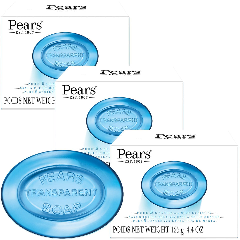Pears mint soap front packaging showing three blue bars and branding benefit hydration