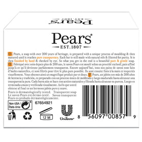 Pears single bar front view highlighting clear glycerin and gentle cleansing