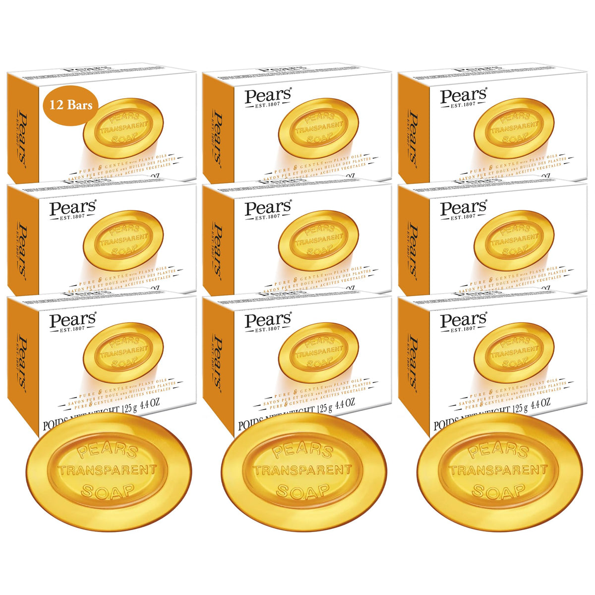 Pears front packaging showing clear amber bar and brand benefits