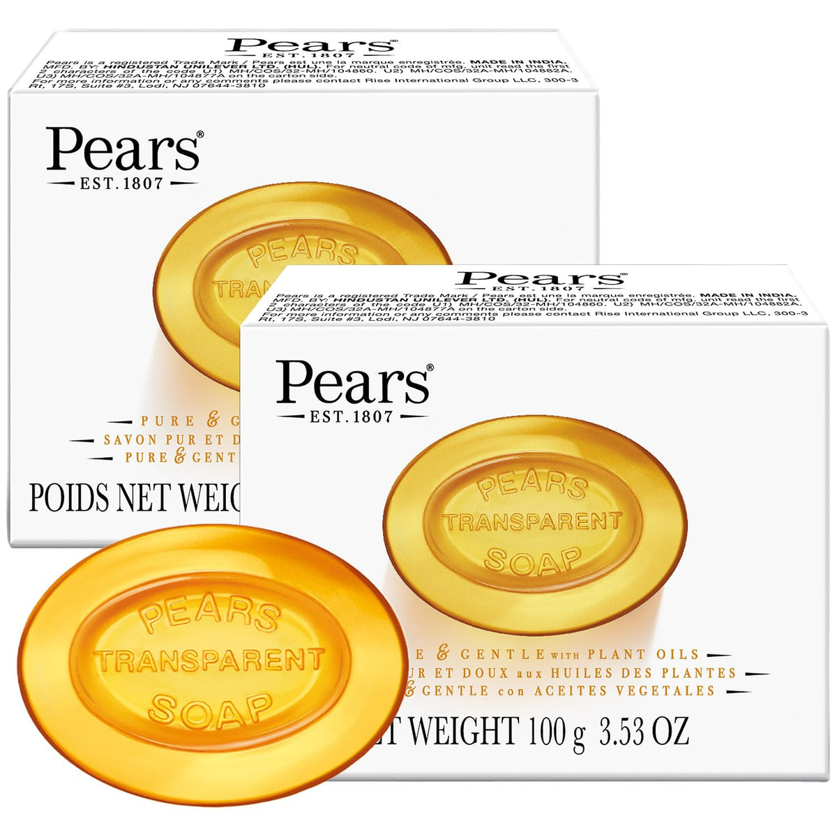 Pears transparent bar front packaging showing amber clarity and brand hydration benefit