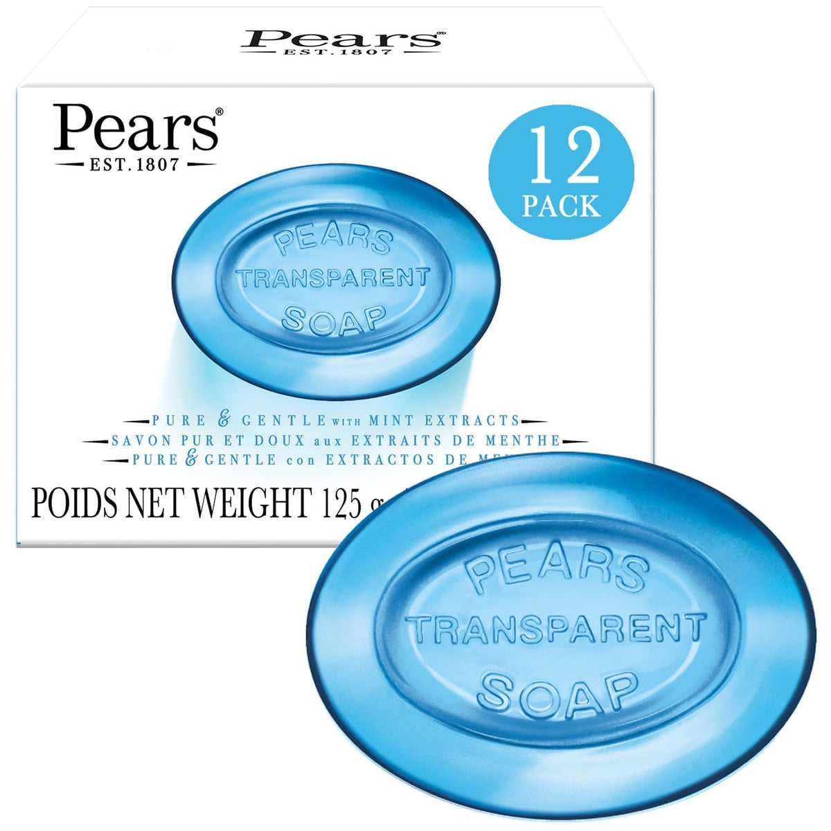 Pears transparent blue front packaging showing mint scent and clean look