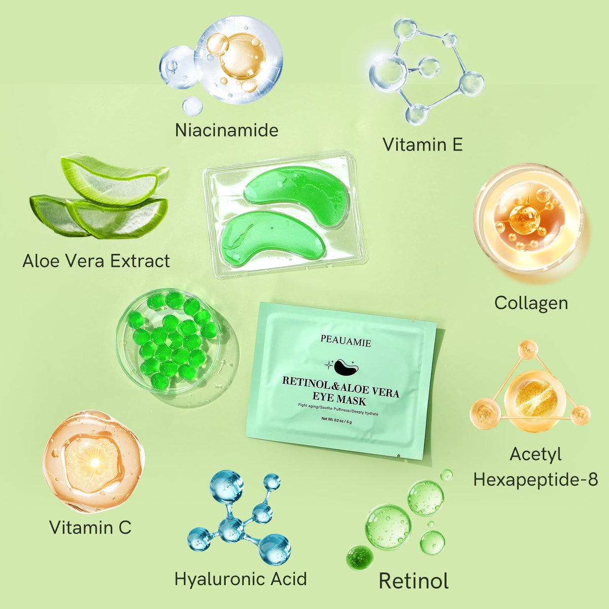 PEAUAMIE patch applied under eye demonstrating reduced puffiness instantly
