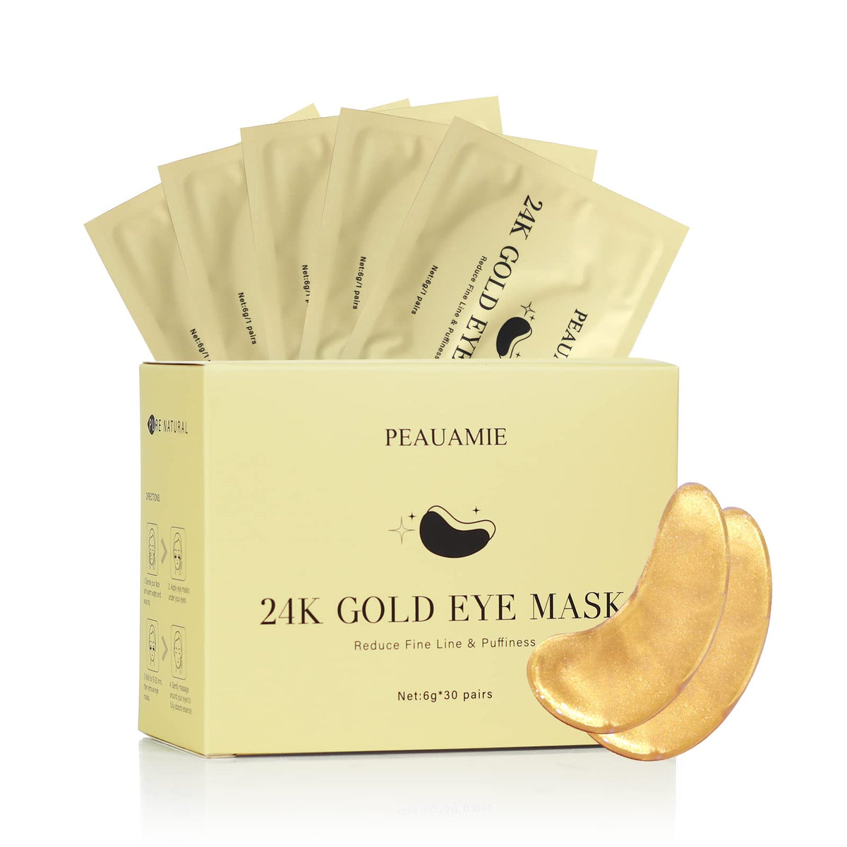 PEAUAMIE front box with gold under eye patches showing quantity and benefits